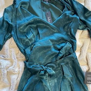 Dark green short sleeve dress, almost a crushed velvet